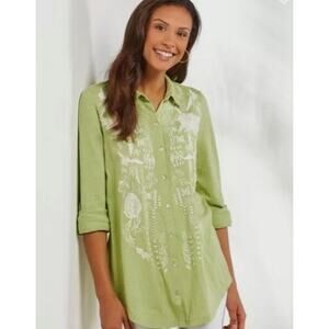 Soft Surroundings Madie Tunic Womens Sz XS Embroidered Button Up Roll Tab Sleeve